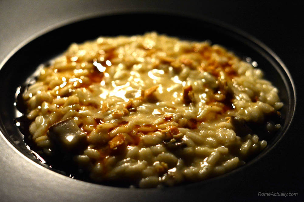Image: Mushroom risotto as a first course for dinner at Settimo lounge restaurant