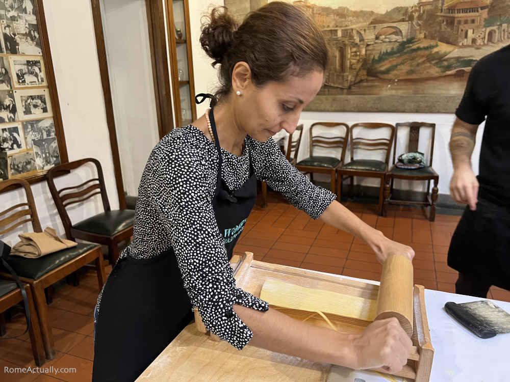 Image: Angela Corrias making fettuccine in Rome Pasta-Making Class in Trastevere with Devour Tours. Photo by Rome Actually