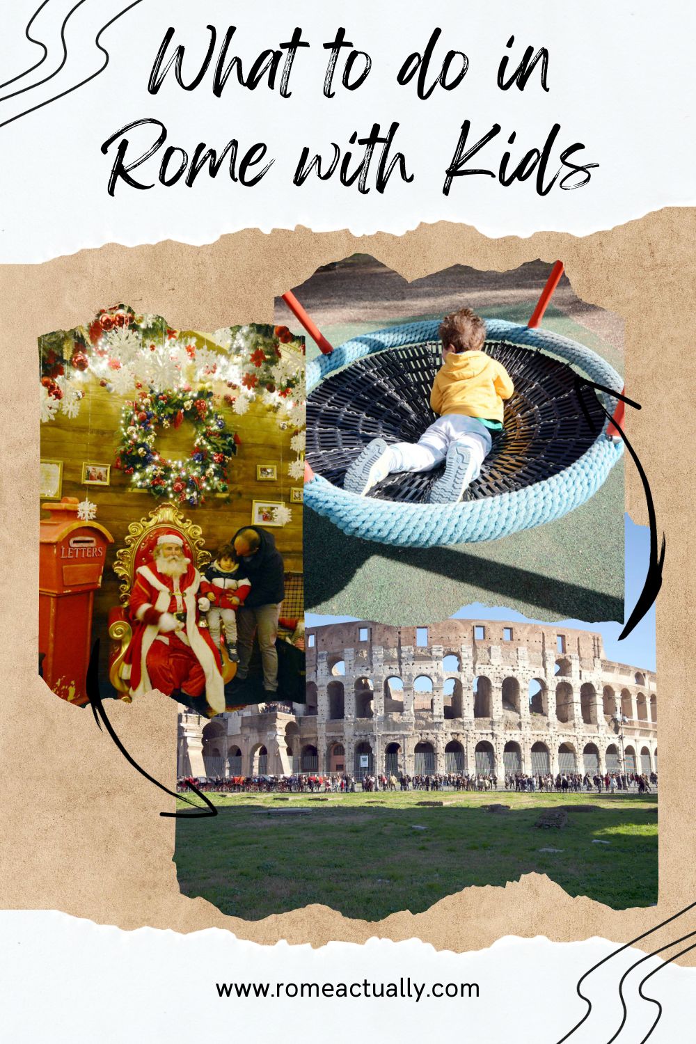 Pinterest image: Three photos of Rome with caption "What to do in Rome with kids".
