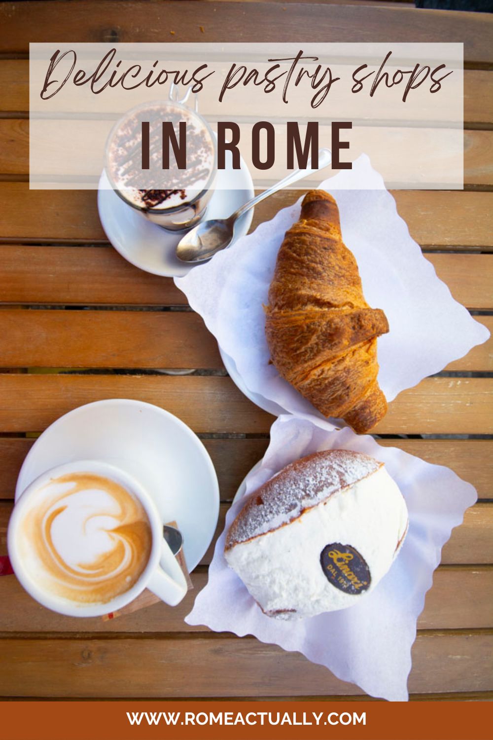 Pinterest image with a photo of pastries and a caption reading "Delicious pastry shops in Rome."