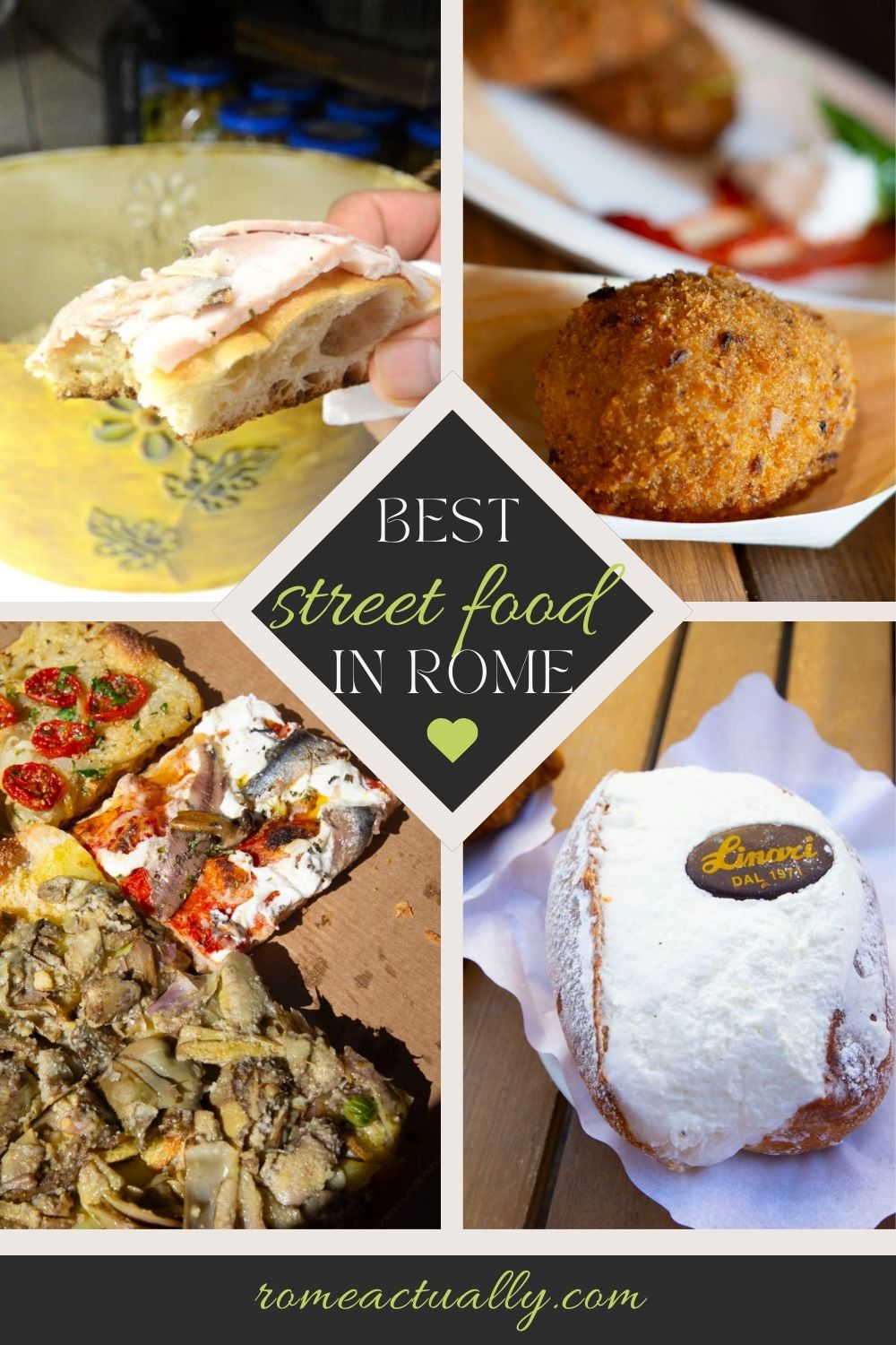 Pinterest image with four photos of food and a caption reading "Best street food in Rome".