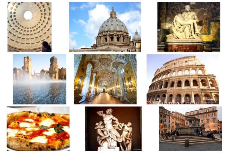 Image: A collage of nine photos of Rome by Angela Corrias of Rome Actually with places of Rome tours for kids.