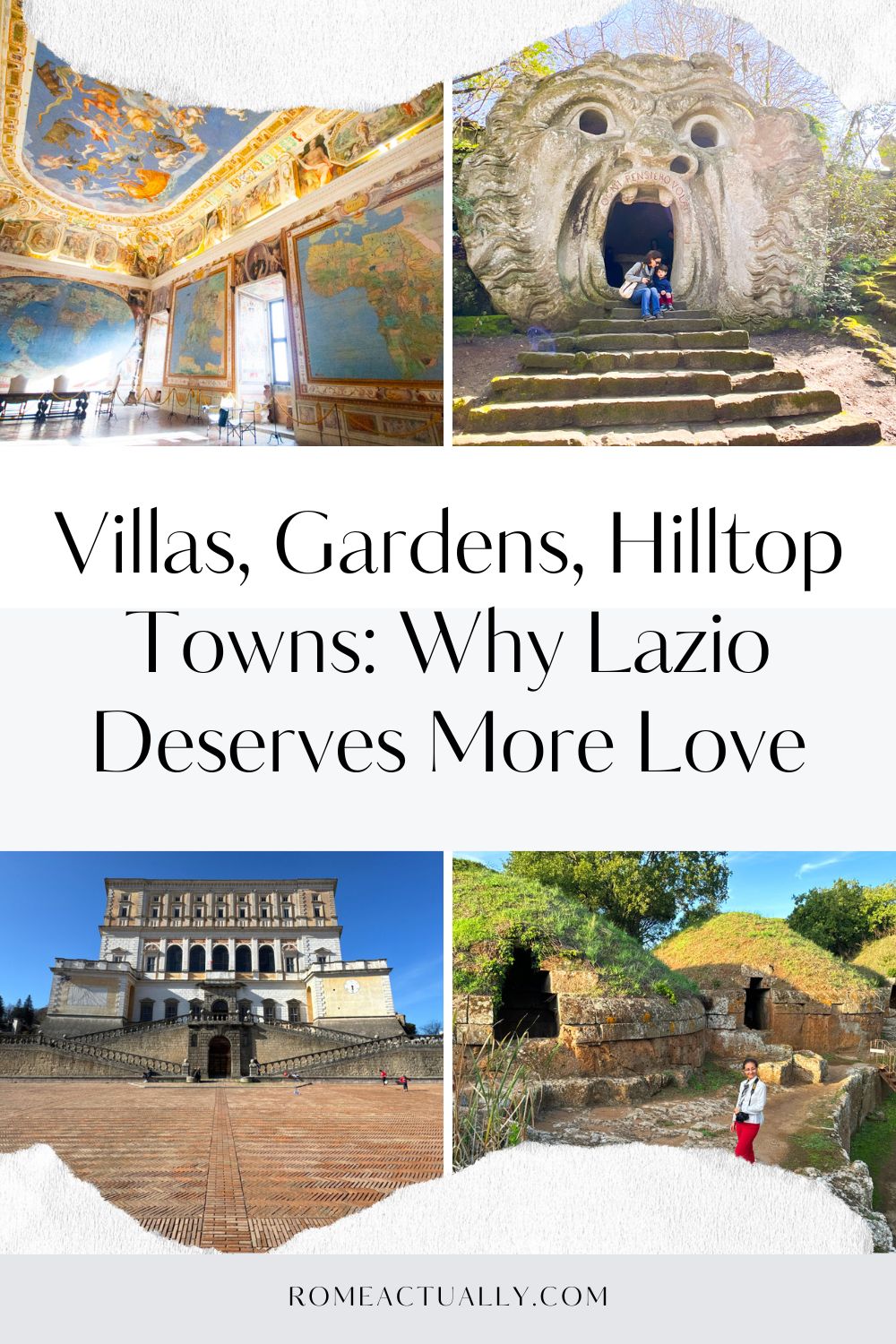 Pinterest image with four photos of Lazio and a caption reading "Villas, gardens, hilltop towns: why Lazio deserves more love".